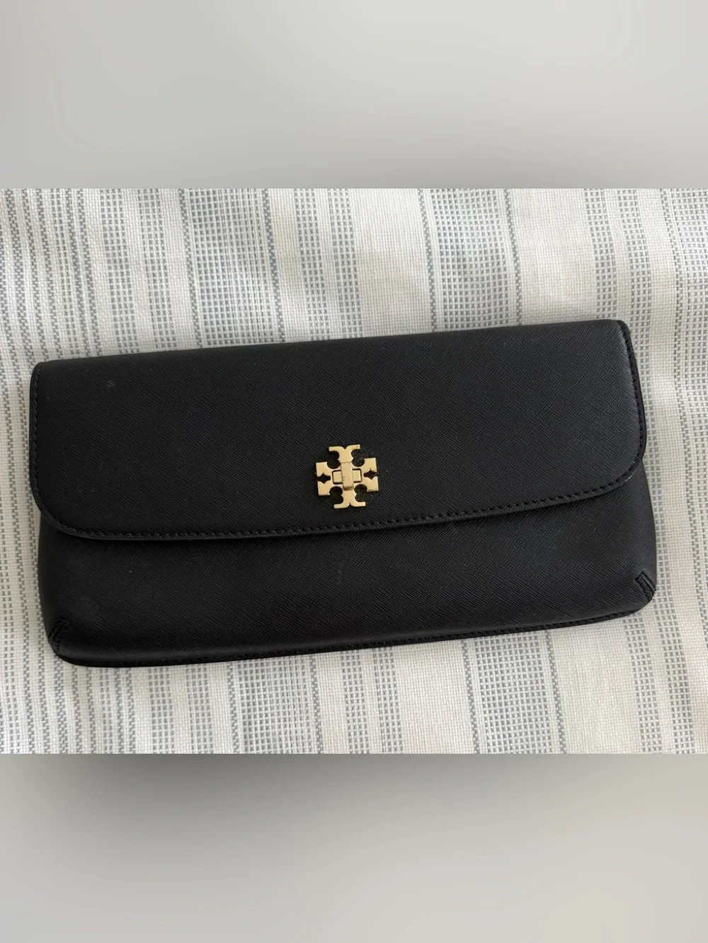 Tory Burch Black Leather Clutch with Gold Logo